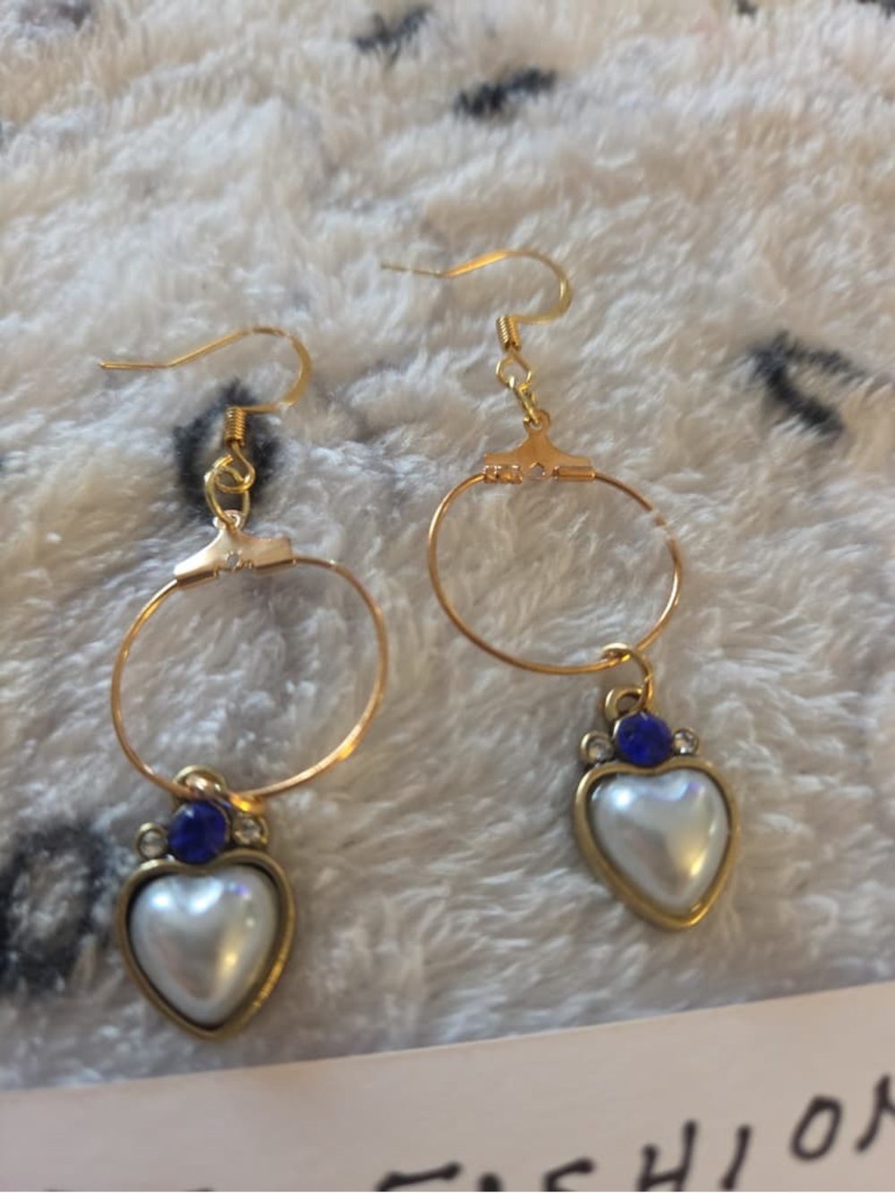 Gold Hoop Heart Drop Earrings with Blue Accent